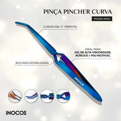 Pinça pincher curva azul metálica de aço inox com marca INOCOS