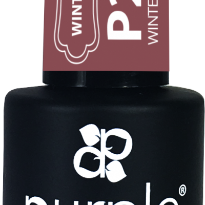 Frasco preto fosco de verniz gel para unhas da marca Purple Professional com rótulo castanho com texto branco