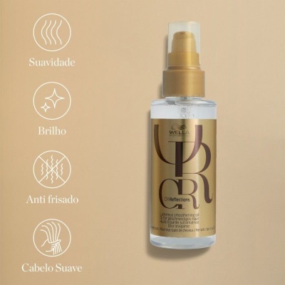 Frasco de óleo para cabelo Wella Oil Reflections com tampa dourada e rótulo dourado sobre fundo bege.