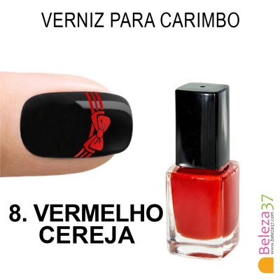 Verniz para carimbo de unhas vermelho cereja com frasco e unha carimbada
