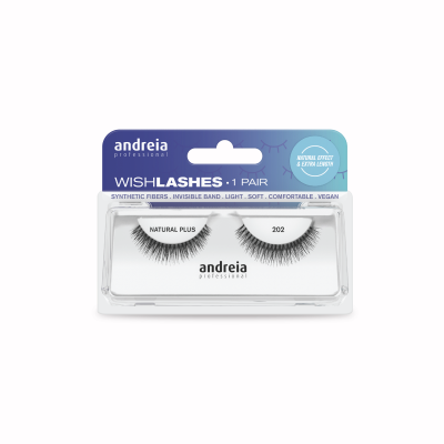 Par de pestanas postiços Andreia Professional WISH LASHES Natural Plus 202 em embalagem transparente com fundo azul