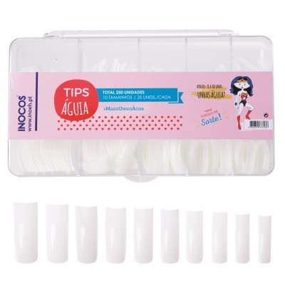 Caixa transparente com 250 unhas artificiais brancas de vários tamanhos