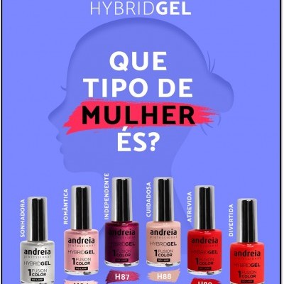 Cartaz publicitário de esmaltes Andreia Professional Hybrid Gel com seis cores e tipos de mulher descritos.