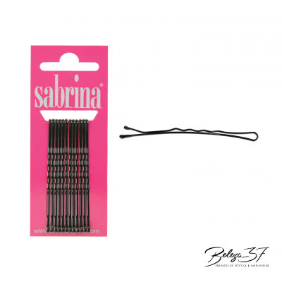 Conjunto de ganchos de cabelo pretos em cartão rosa com marca 'sabrina' e gancho solto