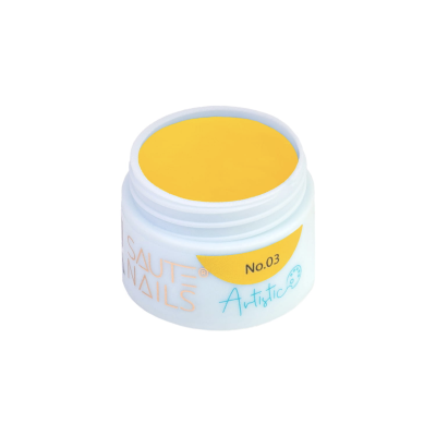 Frasco branco aberto com gel amarelo para unhas e texto SAUTE NAILS No.03 Artistic.