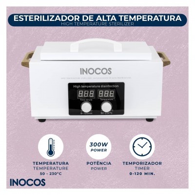 Esterilizador branco INOCOS com painel digital e punhos castanhos
