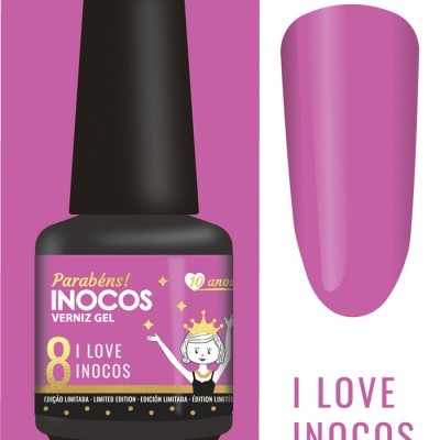 Frasco de verniz gel Inocos com rótulo lilás e amostra de cor lilás