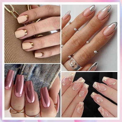 Colagem de quatro estilos diferentes de unhas decoradas em cores nude, dourado, rosa metálico e designs abstratos brancos