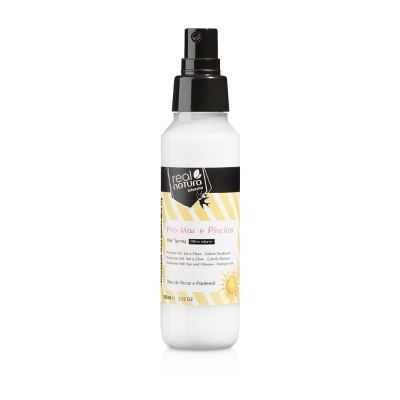 Frasco de Hair Spray Pro-Mar e Piscina da Real Natura com dispensador preto e rótulo amarelo e branco