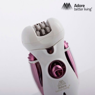 Depilador elétrico branco com detalhes rosa metalizado e seletor rotativo