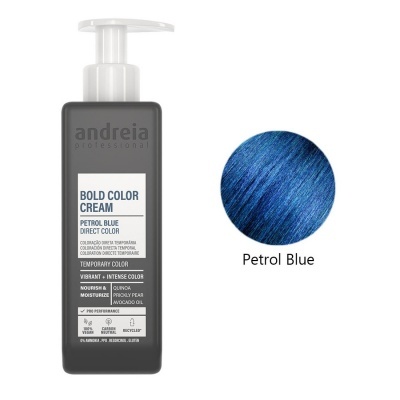Frasco cinza com tampa doseadora e rótulo branco de creme para cabelo cor Petrol Blue