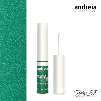 Eyeliner metálico verde Andreia Professional Metal Liner com pincel aplicador e fundo branco e verde glitter