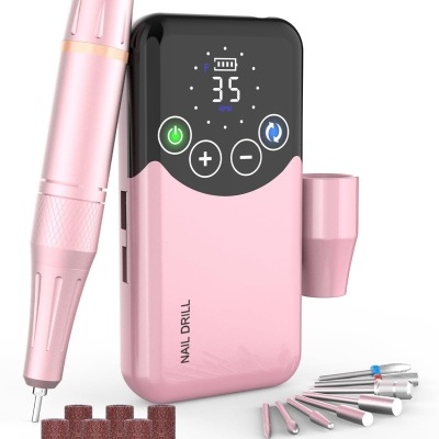 Conjunto máquina manicure rosa com visor digital e múltiplas pontas e lixas
