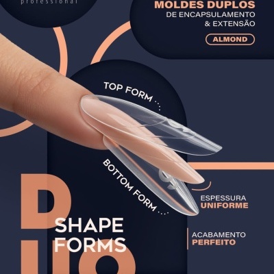 Duas formas transparentes para unhas sobre dedo, texto Andreia Professional e especificações do sistema de moldes duplos