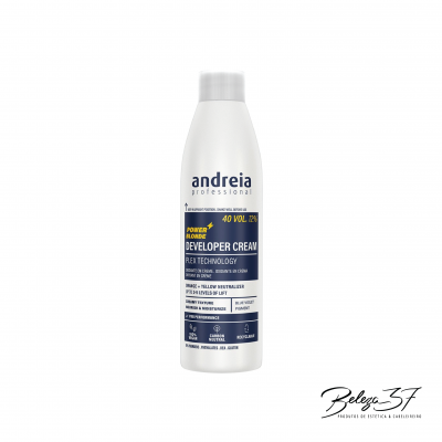 Frasco branco de creme desenvolvedor Andreia Professional com rótulo azul e amarelo