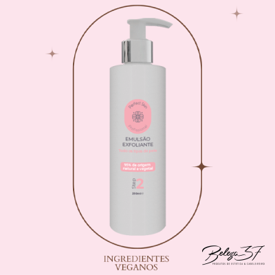 Frasco de emulsão exfoliante branco com dispensador numa moldura oval rosa