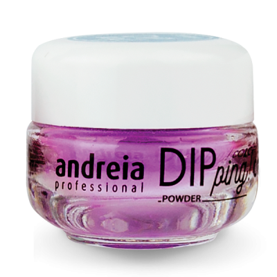 Frasco pequeno de pó para unhas cor-de-rosa com tampa branca e escrita preta