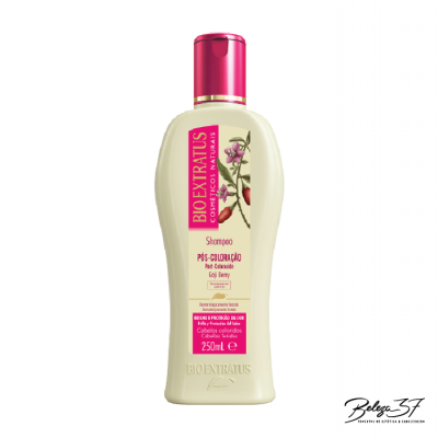 Frasco de shampoo Bio Extratus Pós-Coloração 250ml com tampa rosa e rótulo com frutos