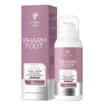 Frasco e embalagem do mousse para pés Pharm Foot Victoria Vynn em cores branca e rosa.