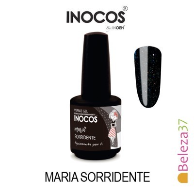 Frasco de verniz gel preto com glitter da marca INOCOS Maria Sorridente