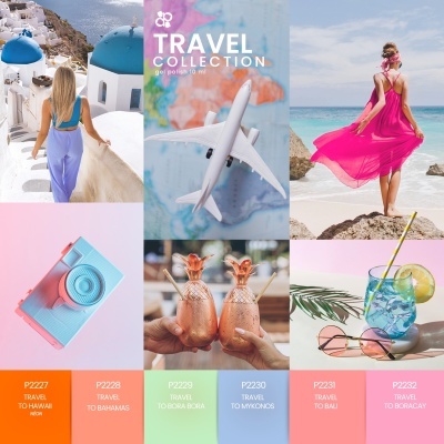 Colagem com imagens de viagem, pessoas, bebidas, avião e destinos