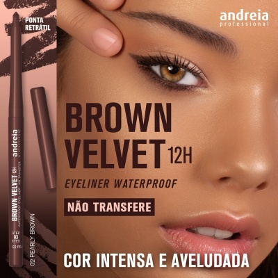 Eyeliner Brown Velvet da andreia professional com rosto de mulher maquilhada