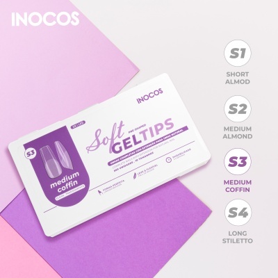 Embalagem branca de pontas de gel para unhas INOCOS Soft GELTIPS sobre fundo colorido