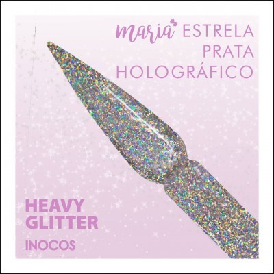 Amostra de verniz holográfico prateado com glitter em fundo rosa com texto