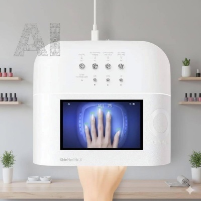 Máquina branca com ecrã digital mostrando mão para análise de unhas