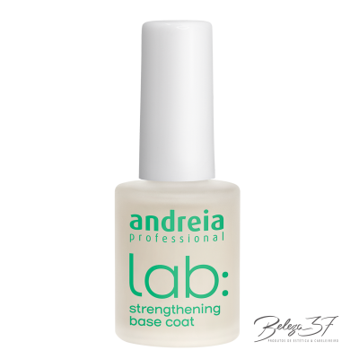 Frasco branco de base fortalecedora para unhas com texto verde