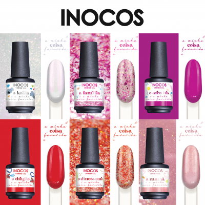Frascos de verniz de unhas INOCOS em várias cores e texturas