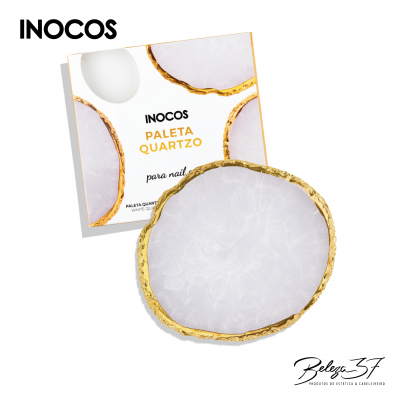 Paleta de unhas INOCOS com borda dourada e centro branco translúcido em caixa branca