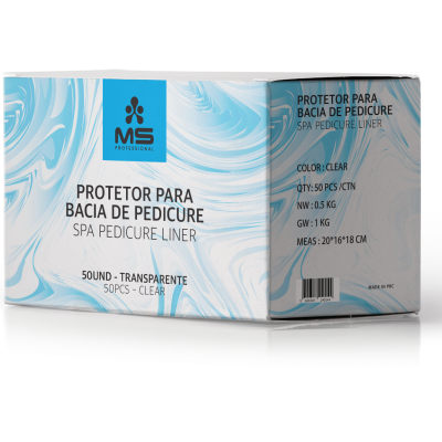 Caixa branca e azul com embalagem de protetor para bacia de pedicure