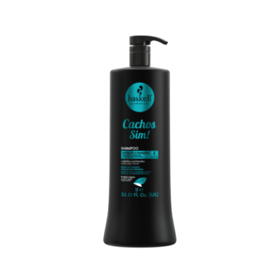 Frasco preto de shampoo Haskell Cosmetics com texto Azul e branco Cachos Sim!