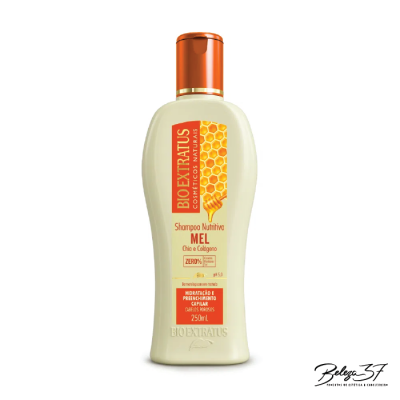 Frasco de shampoo Bio Extratus nutritivo Mel com tampa laranja e ilustração de favo de mel