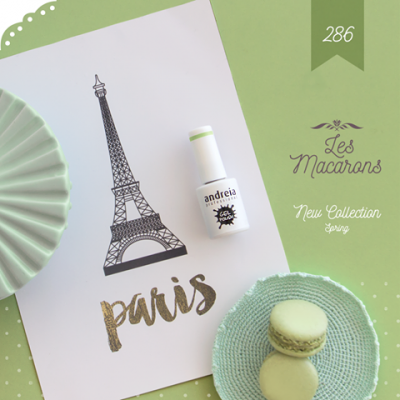 Ilustração Torre Eiffel, verniz Andreia Les Macarons e macarons verdes em pratos verdes
