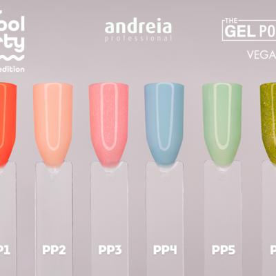 Seis amostras de verniz gel em várias cores com etiquetas PP1 a PP6