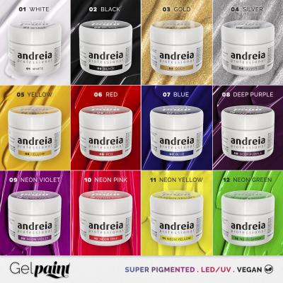 Doze potes de gel para unhas Andreia Professional em várias cores, cada pote com etiqueta colorida e texto correspondente.