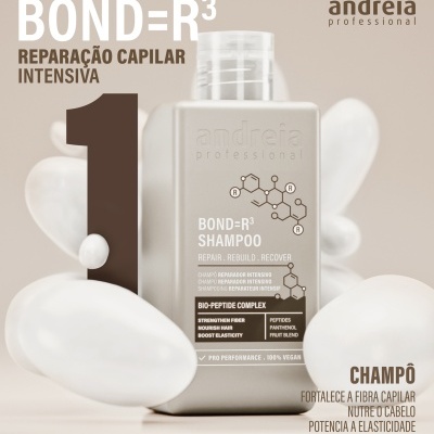 Champô Andreia Professional Bond=R³ com embalagem bege e texto em fundo branco