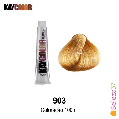 Tubo de coloração KAYCOLOR 903 ao lado de mecha de cabelo loiro dourado