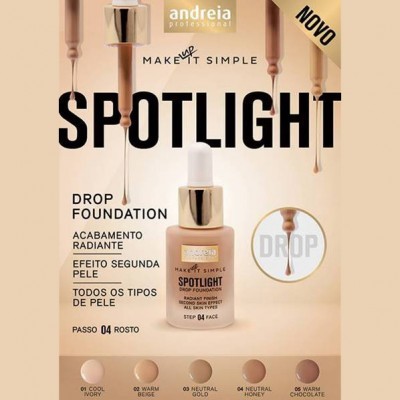 Frasco de base líquida Andreia Professional Spotlight Drop Foundation com diferentes tons e texto em fundo bege.