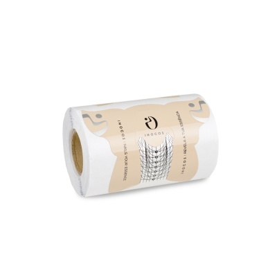 Rolo de etiquetas autocolantes em papel branco com design bege e cinza com texto INOCOS e marcas de medição