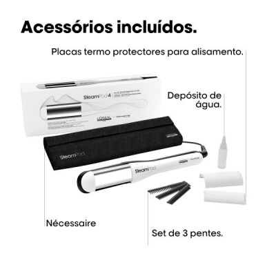 Conjunto de acessórios SteamPod4 para alisamento de cabelo com nécessaire preta, depósito de água e pentes