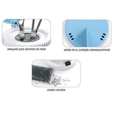 Detalhes do esterilizador de utensílios em plástico branco e azul com textos explicativos em português