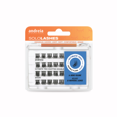 Conjunto de pestanas individuais pretas Andreia SOLOLASHES em embalagem com rótulo laranja e branco