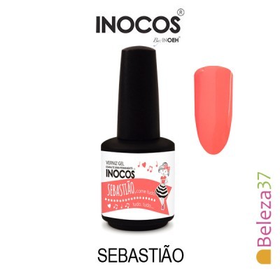 Frasco de verniz gel INOCOS cor coral SEBASTIÃO com amostra de cor
