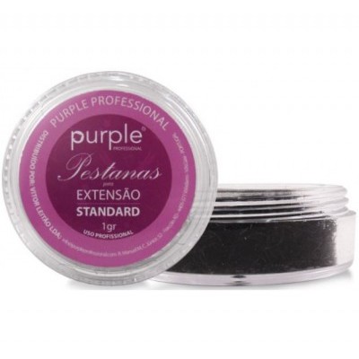 Pote transparente com pestanas para extensão e tampa roxa com texto