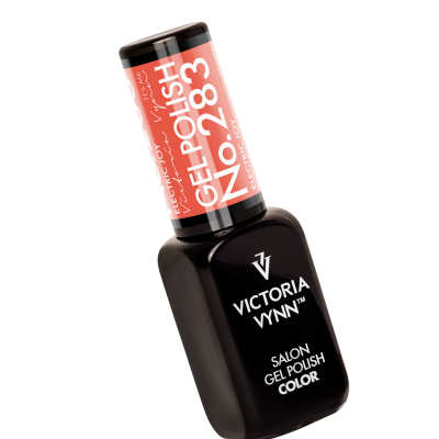 Frasco preto de verniz gel para unhas Victoria Vynn com tampa coral e texto visível.