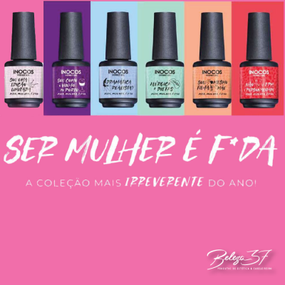 Seis frascos de verniz INOCOS em várias cores com texto promocional da coleção em fundo rosa