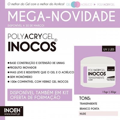 Embalagem POLYACRYGEL INOCOS para unhas, promoções e descrição em fundo rosa claro